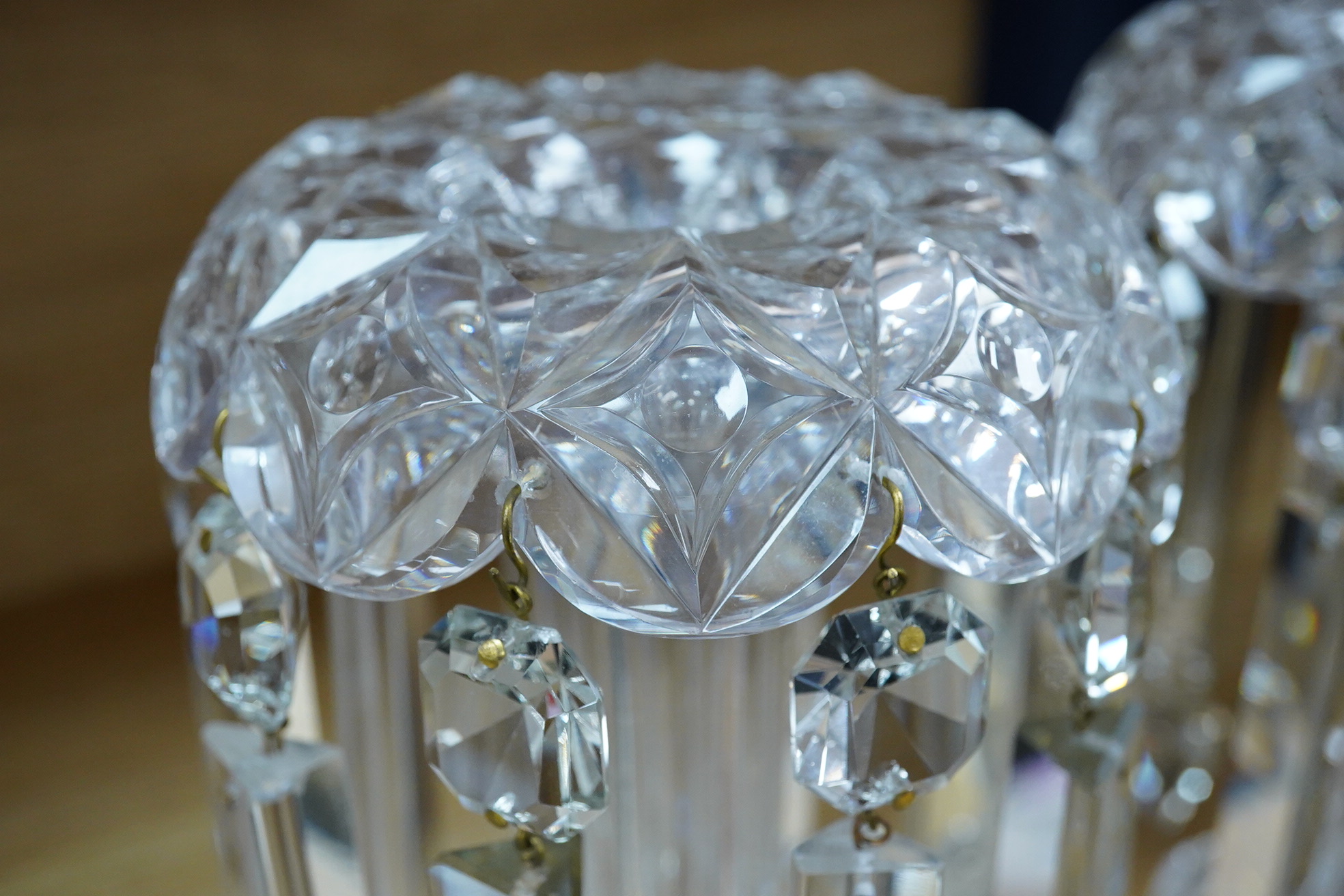 A pair of Victorian glass table lustres with drops, 26cm high